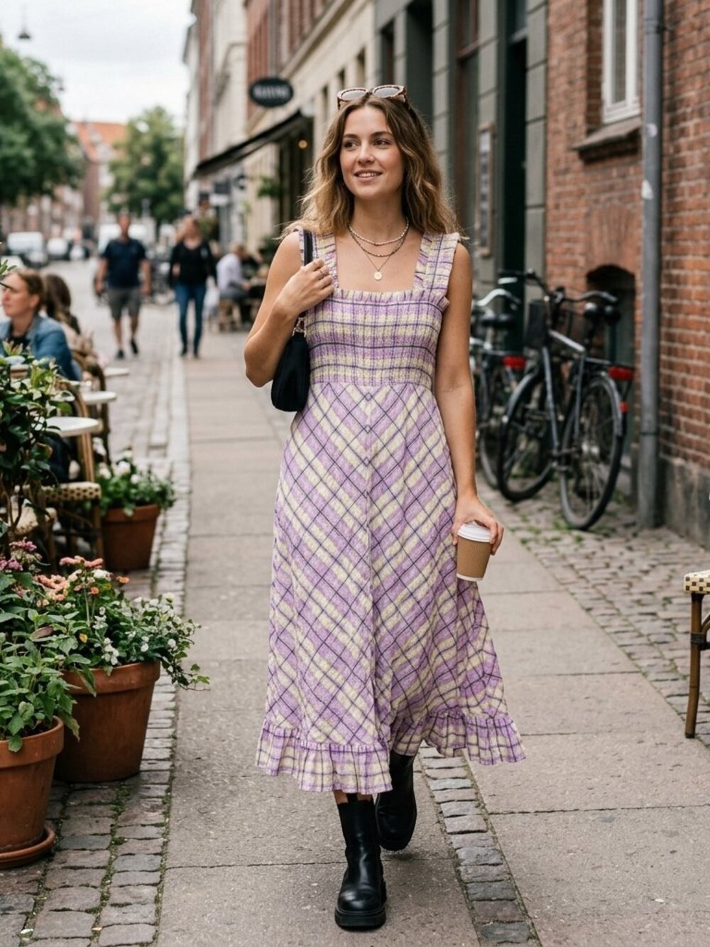 GANNI Orchid Bloom Plaid Seersucker Smocked Maxi Dress